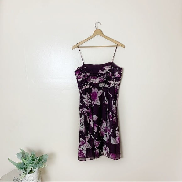[Ann Taylor] Square Neck Sleeveless Purple Floral Print Silk Dress - Picture 9 of 10
